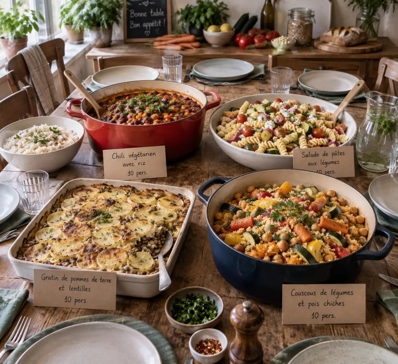 Repas pour 10 personnes pas cher : quatre plats uniques, des quantités justes et une organisation simple