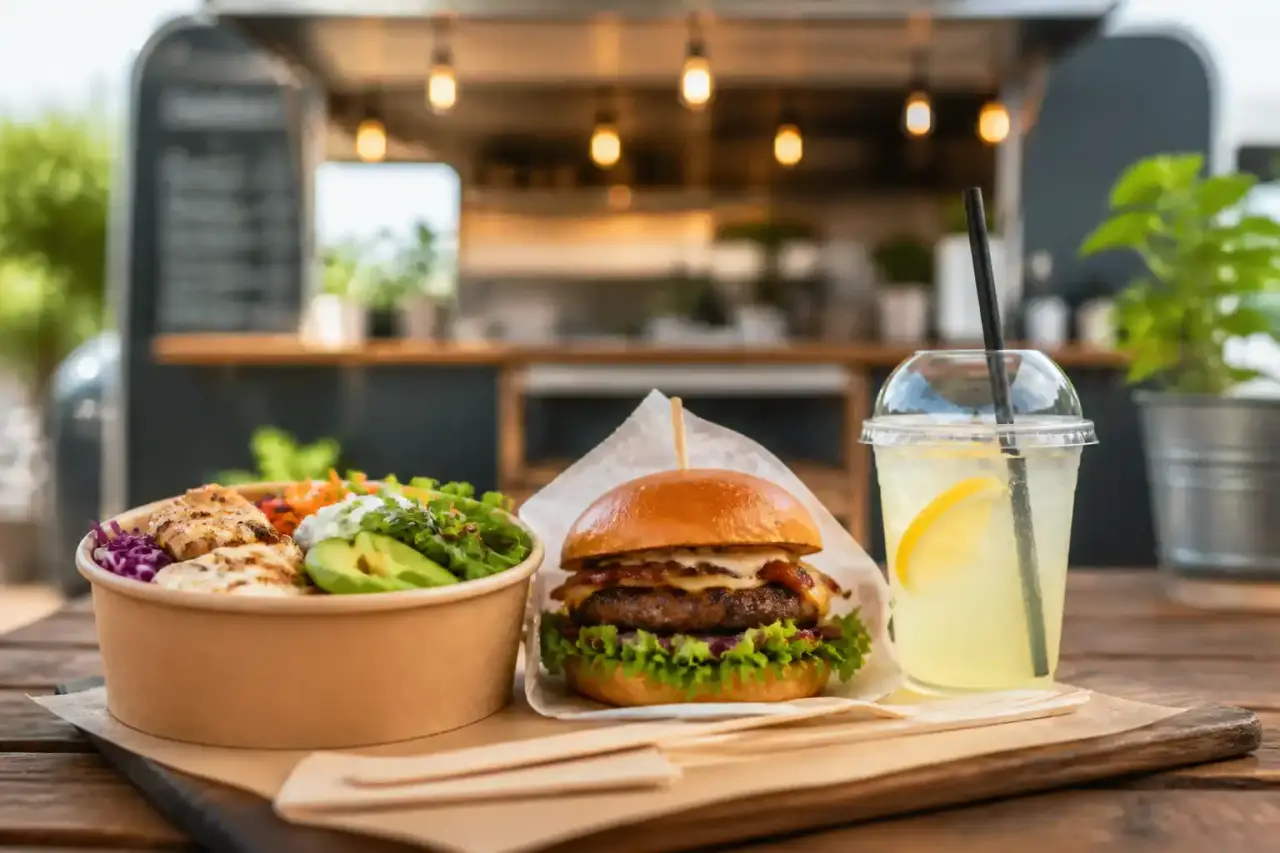 Burger gourmet juteux et frites croustillantes en gros plan, avec des néons urbains flous en arrière-plan