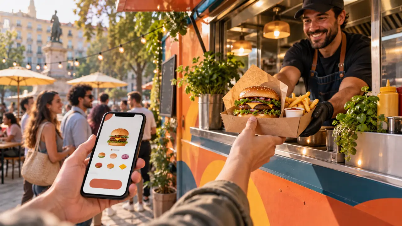 Burger gourmet et frites croustillantes servis par un food truck dans une ambiance urbaine