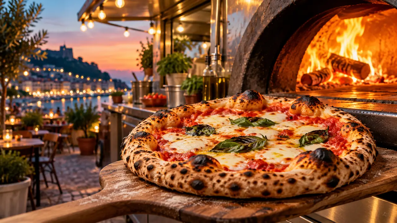 Pizza artisanale cuite au four, garnie d'ingrédients méditerranéens