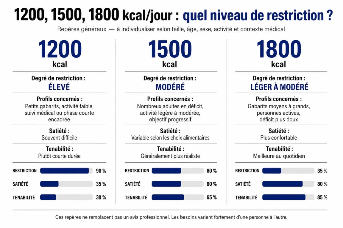Régime 1200 calories : comparaison visuelle entre 1200, 1500 et 1800 calories par jour