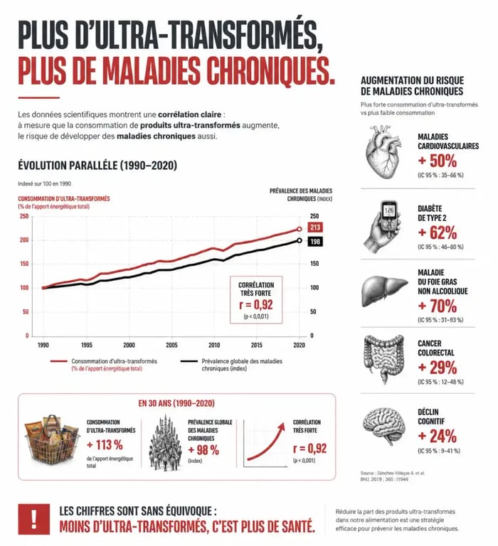 Infographie sur l'impact de la malbouffe sur les maladies chroniques