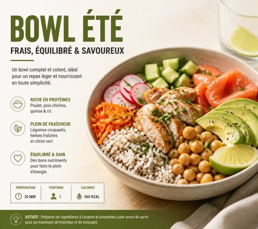 Idée repas canicule : bowl froid composé avec protéines, légumes croquants et quinoa