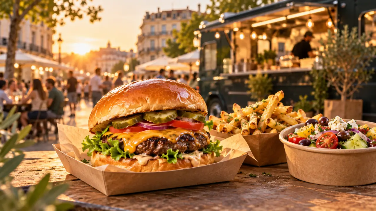 Burger gourmet avec frites croustillantes dans une ambiance urbaine