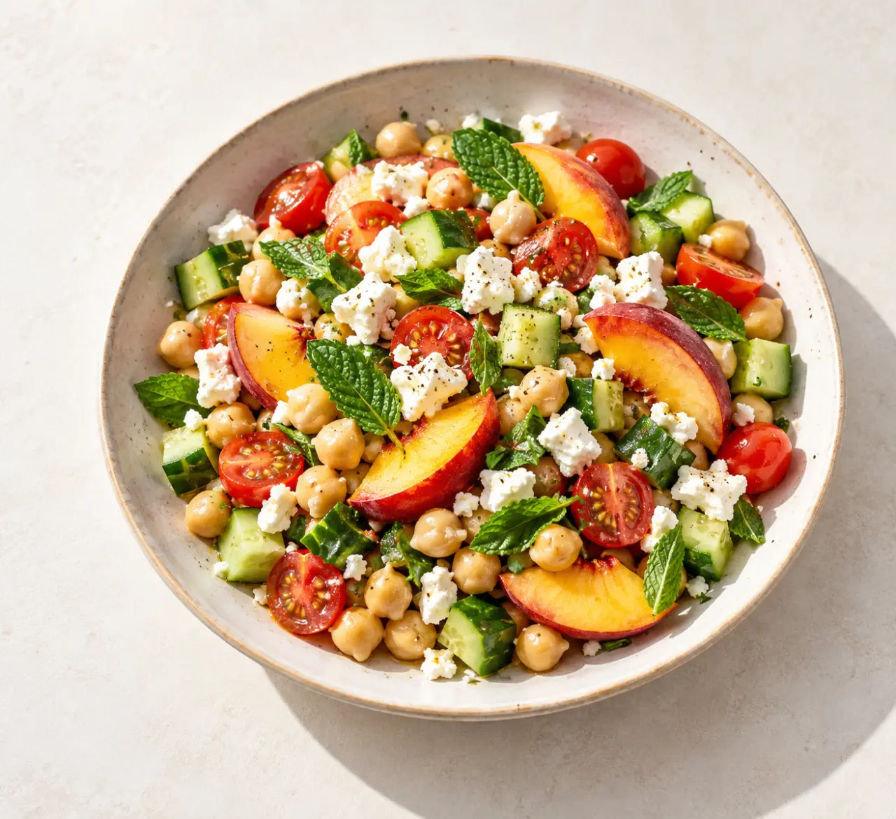 Recettes végétariennes été : salade de pois chiches, concombre, nectarine et menthe