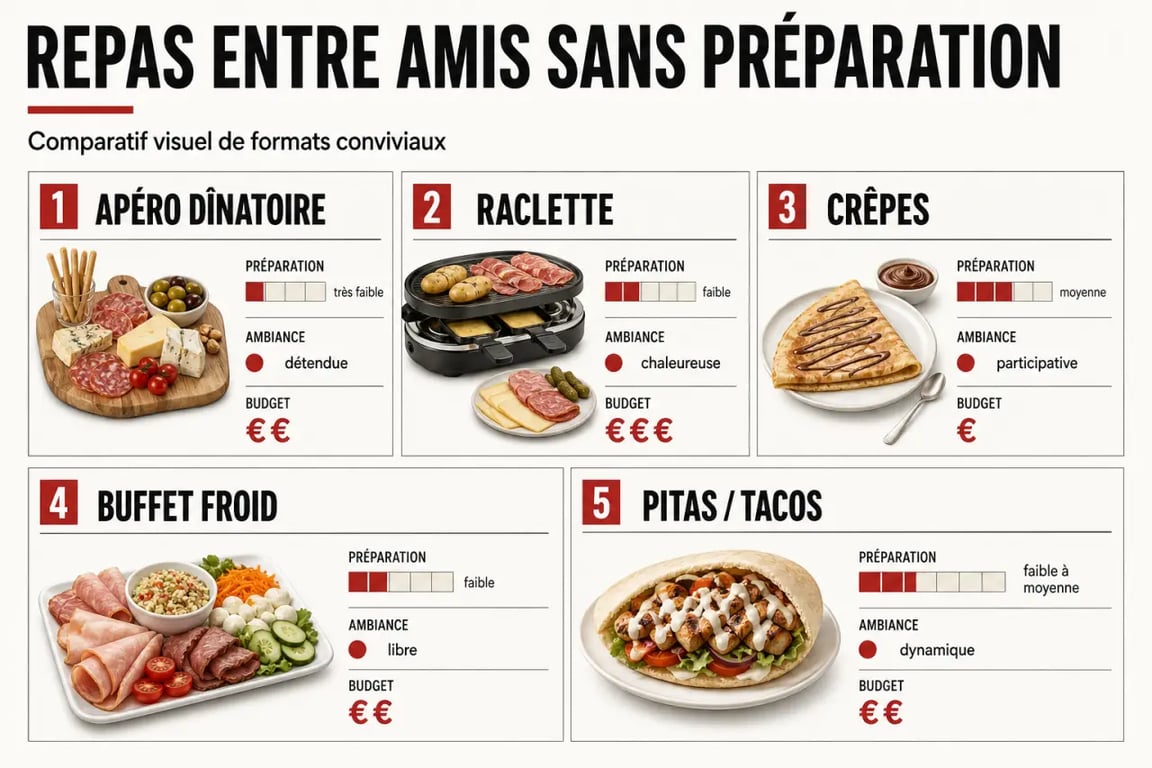 Repas sans préparation entre amis : comparaison visuelle des formats simples et conviviaux