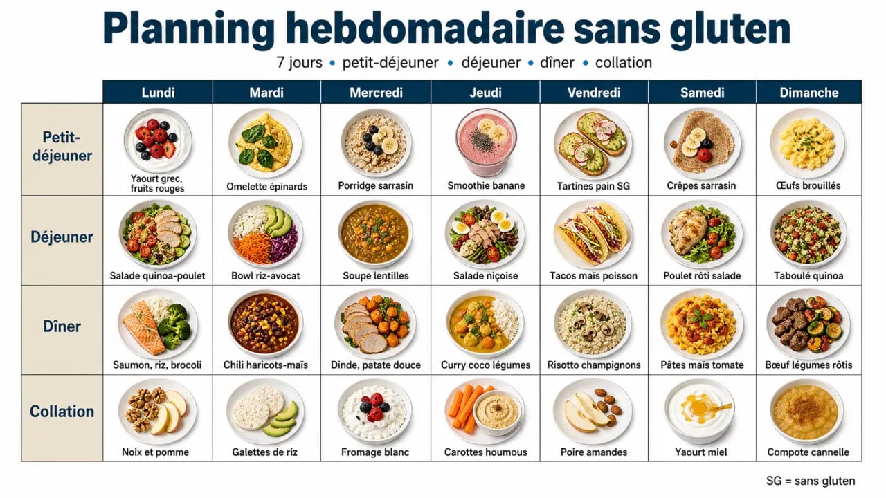 Menu 1 semaine sans gluten présenté en planning hebdomadaire visuel et lisible
