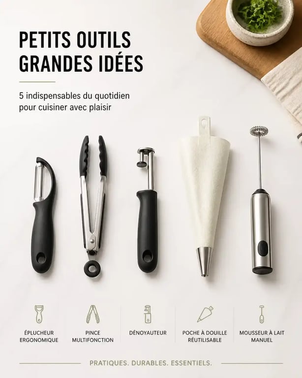Sélection de gadgets cuisine pratiques rangés sur un plan de travail