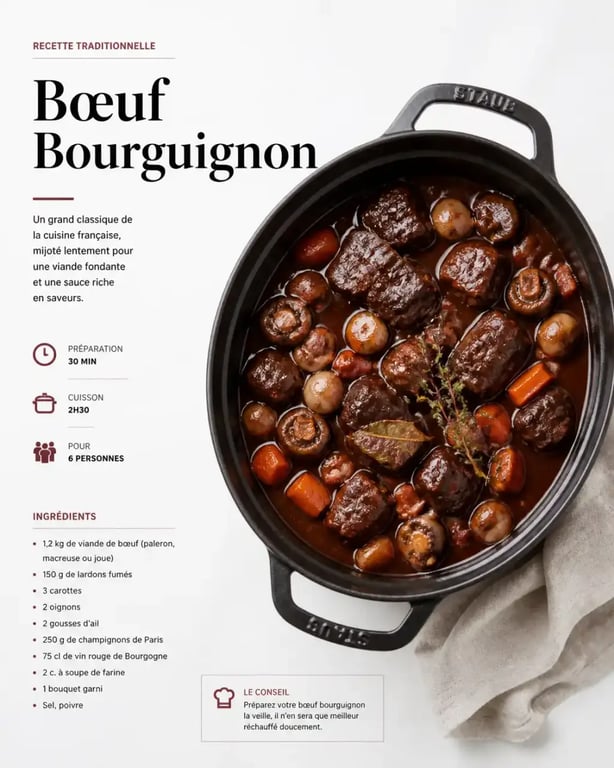 Bœuf bourguignon pour 8 personnes préparé la veille pour un repas convivial