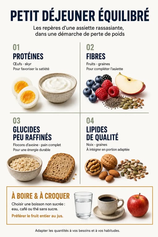 Infographie d’un petit déjeuner équilibré pour perte de poids avec protéines, fibres et aliments complets