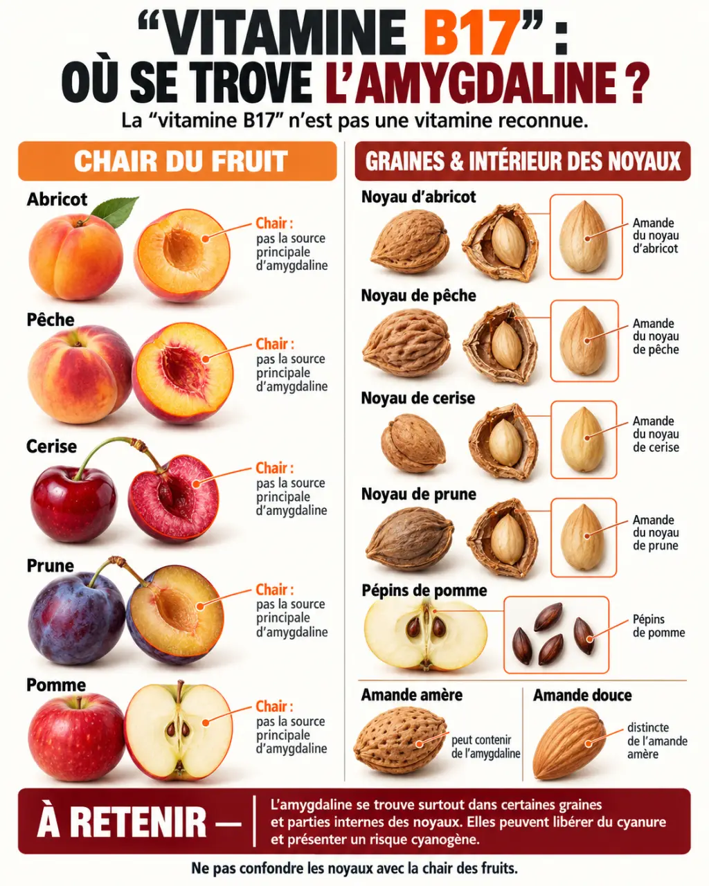 Vitamine B17 dans quel aliment : distinction entre chair des fruits, noyaux, pépins, amandes amères et amandes douces