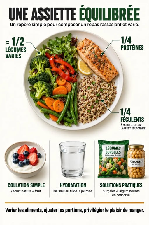 Infographie d’un menu minceur équilibré avec légumes, protéines et féculents