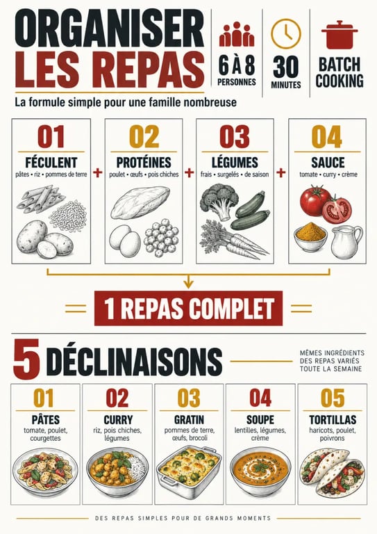 Idée repas famille nombreuse : infographie des bases pour organiser des repas économiques