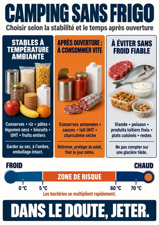 Idée repas camping sans frigo : aliments stables et aliments à risque