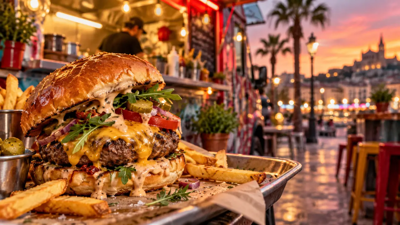Burger gourmet et frites croustillantes dans une ambiance de street food urbaine