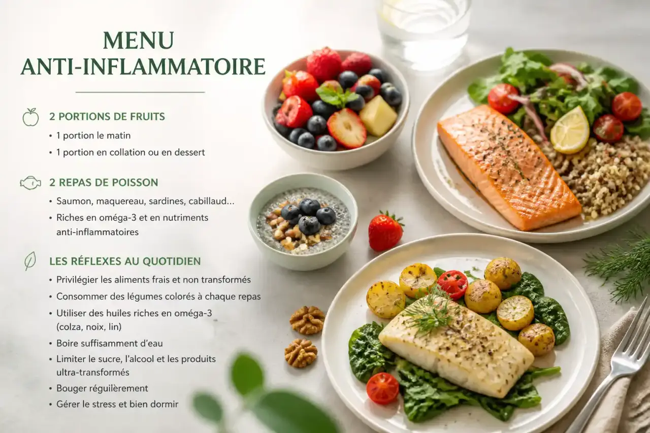 Menu anti-inflammatoire : 2 portions de fruits, 2 repas de poisson et les réflexes pour réduire l'inflammation