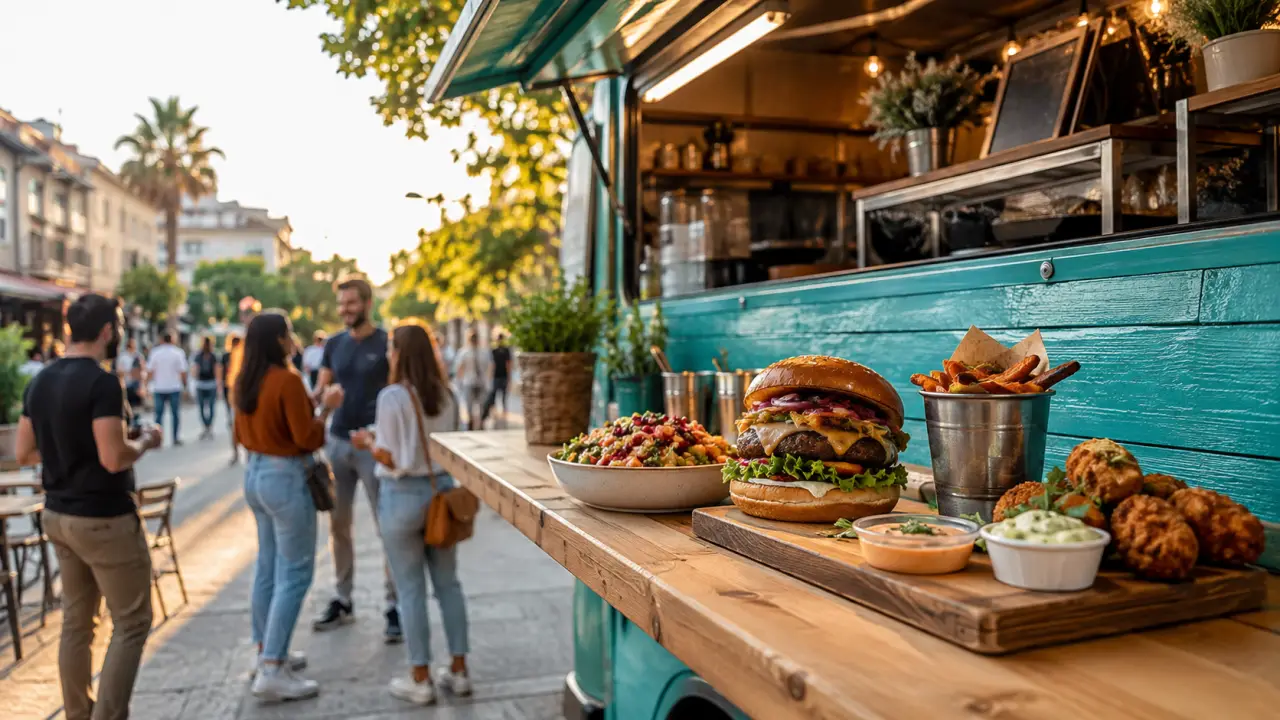 Burger gourmet, frites croustillantes et boisson fraîche servis dans un food truck local