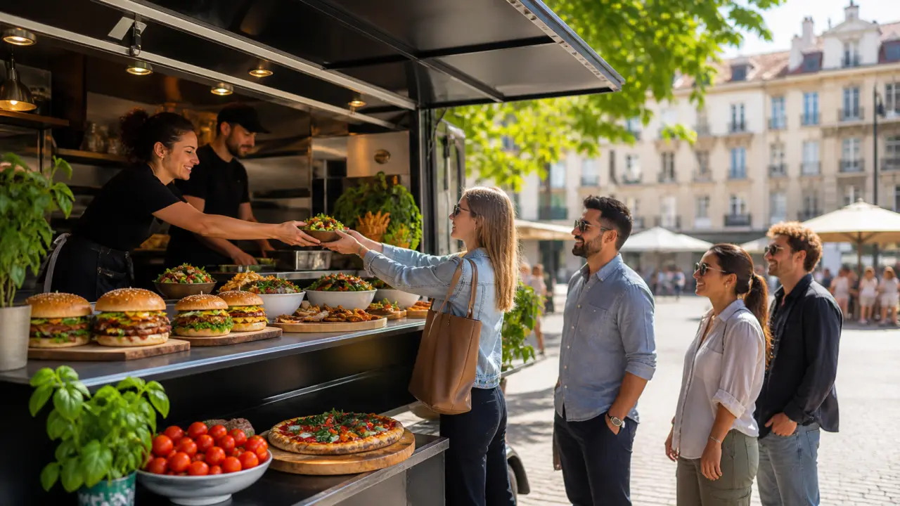 Burger gourmet et frites croustillantes devant des néons urbains