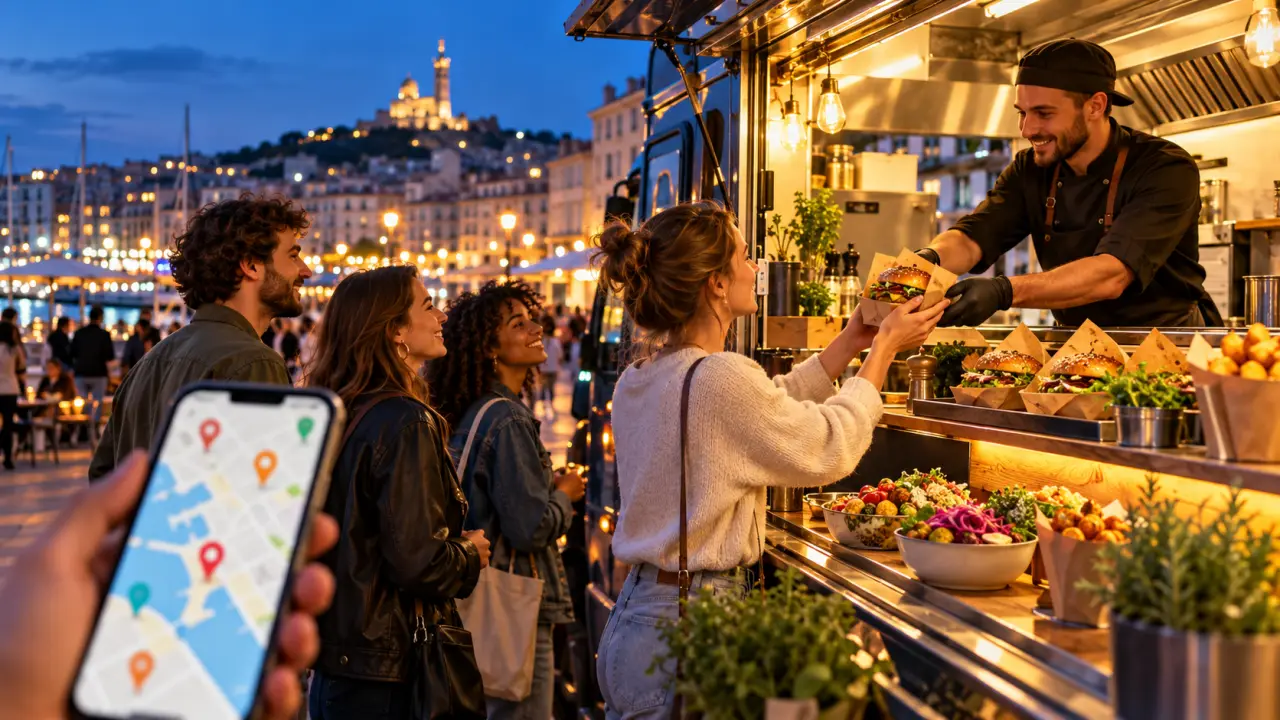 Burger gourmet et frites croustillantes dans l'ambiance animée d'une rue urbaine le soir
