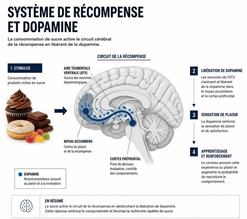 Schéma du système de récompense cérébral et impact de la malbouffe