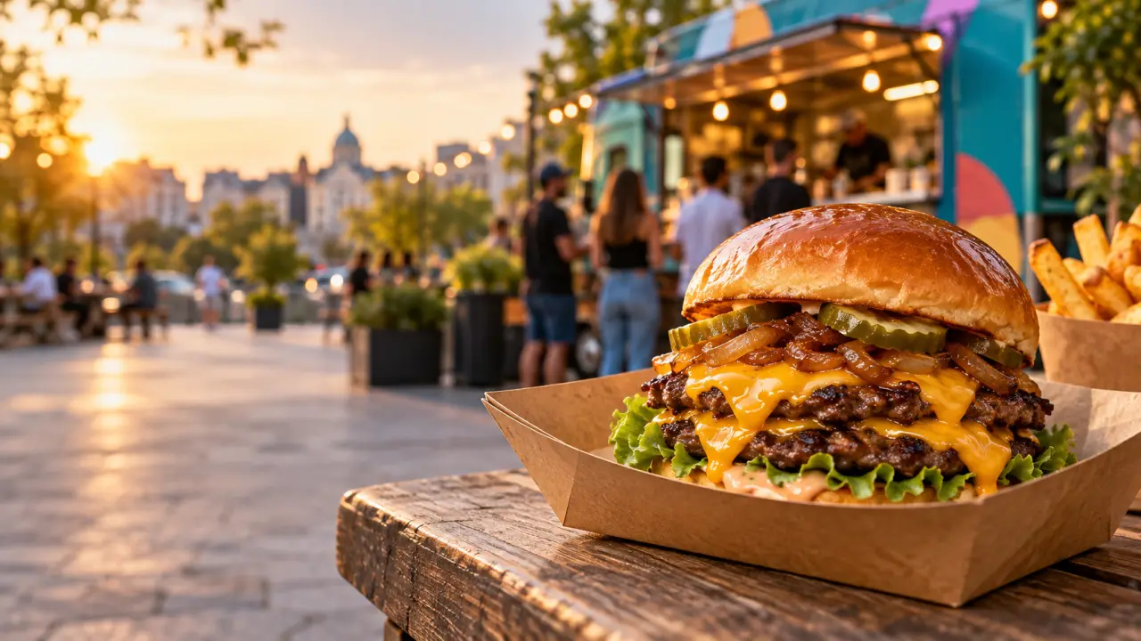 Smash burger gourmand et frites croustillantes dans une ambiance urbaine