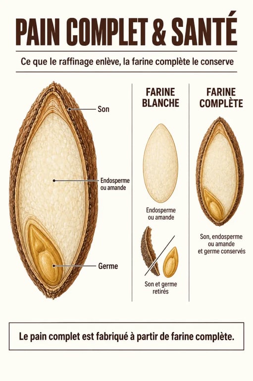 Infographie sur le pain complet et santé montrant le grain de blé, le son, le germe et l’endosperme