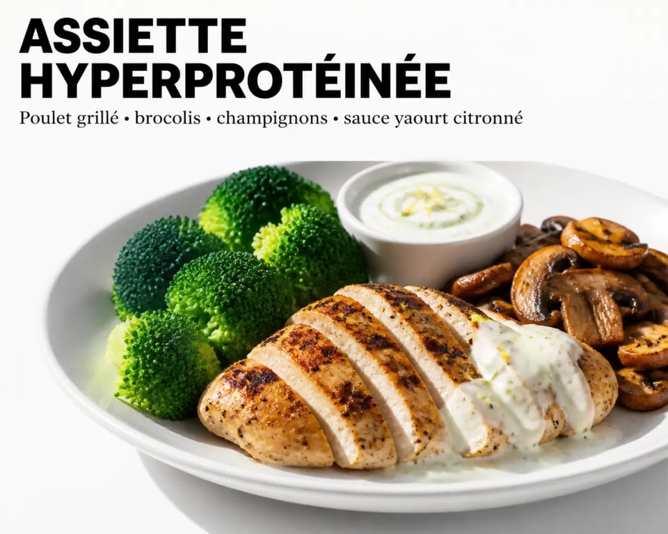 Recette hyperprotéiné : assiette de poulet grillé avec brocolis et champignons