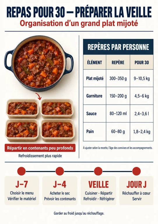Plat pour 30 personnes à préparer la veille : quantités et organisation du repas