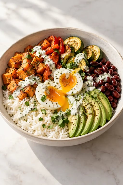 Recette IG bas plat principal : bowl de riz basmati, légumes rôtis, haricots rouges et œuf mollet