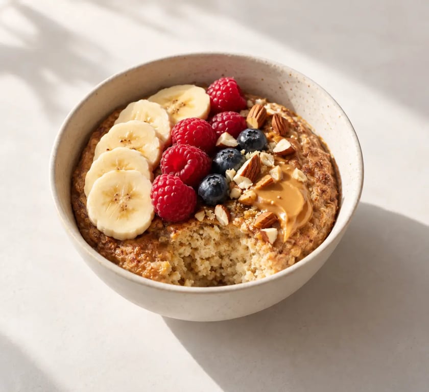 Recette bowl cake healthy moelleux à la banane, fruits rouges et beurre de cacahuète