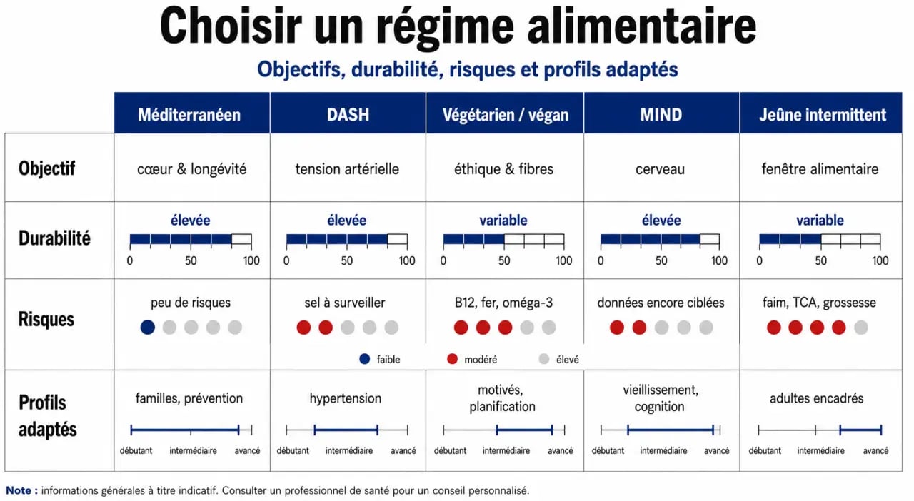 Quel est le meilleur regime : infographie comparative des régimes méditerranéen, DASH, végétarien, végan, MIND et jeûne intermittent