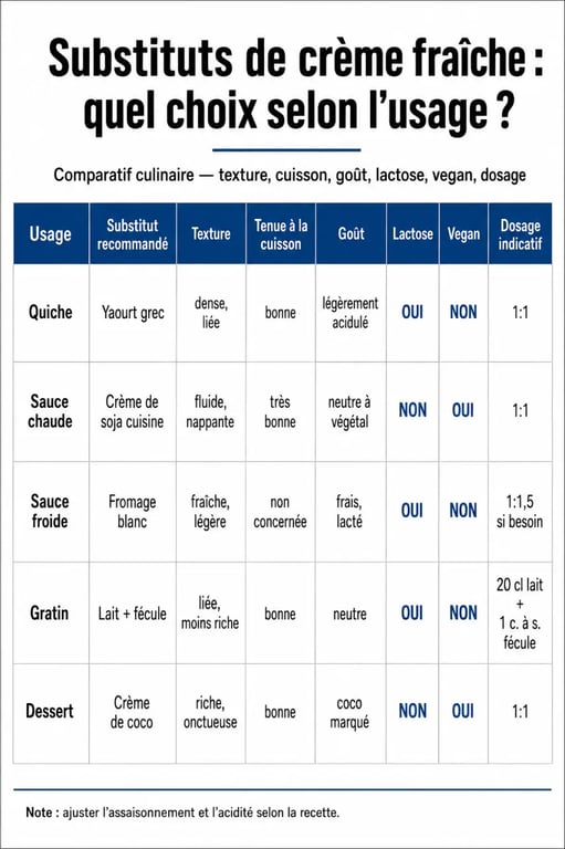 Remplacer la crème fraîche par : tableau comparatif des substituts selon quiche, sauce, gratin et dessert