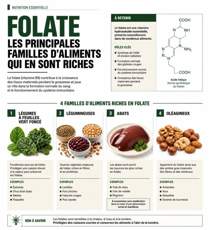 Aliment riche en folate : principales sources par famille dans une illustration éditoriale