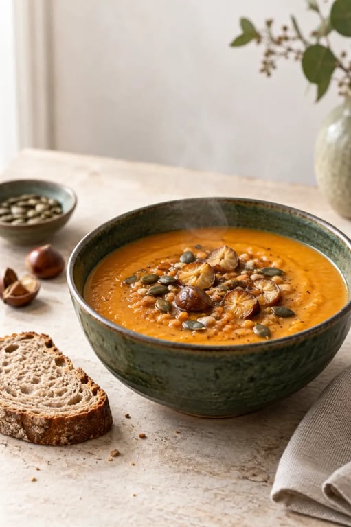 Recette végétarienne hivernale de velouté de potimarron, châtaignes et lentilles corail