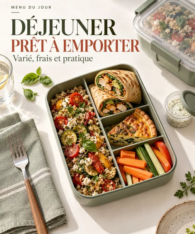 Recette repas midi variée avec lunchbox, salade, wrap et quiche