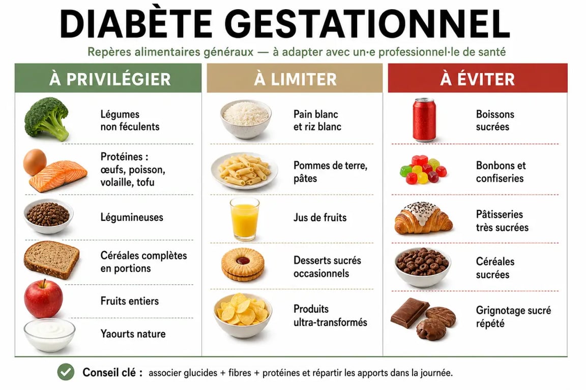 Idée repas diabète gestationnel : tableau comparatif des aliments à privilégier, à limiter et à éviter