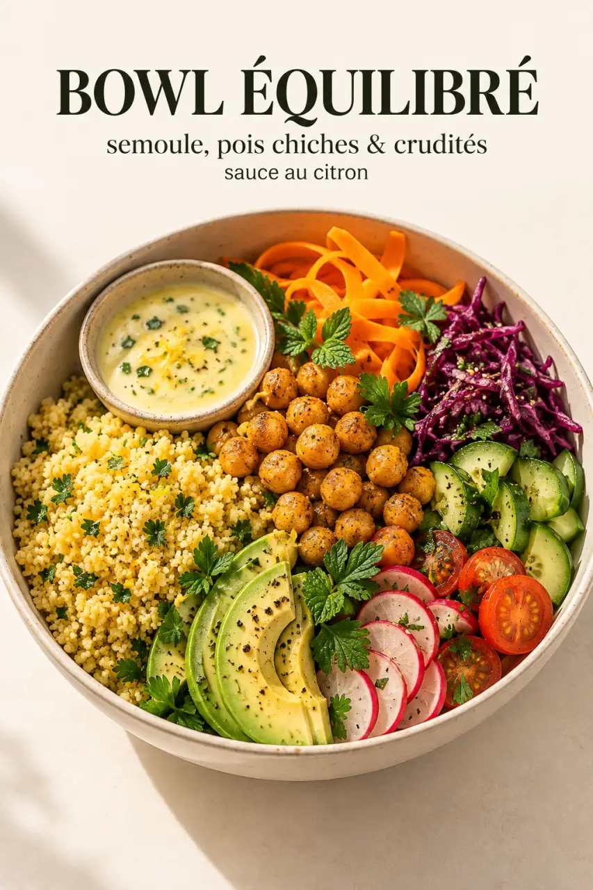 Plat healthy équilibré à base de semoule, pois chiches et crudités au citron