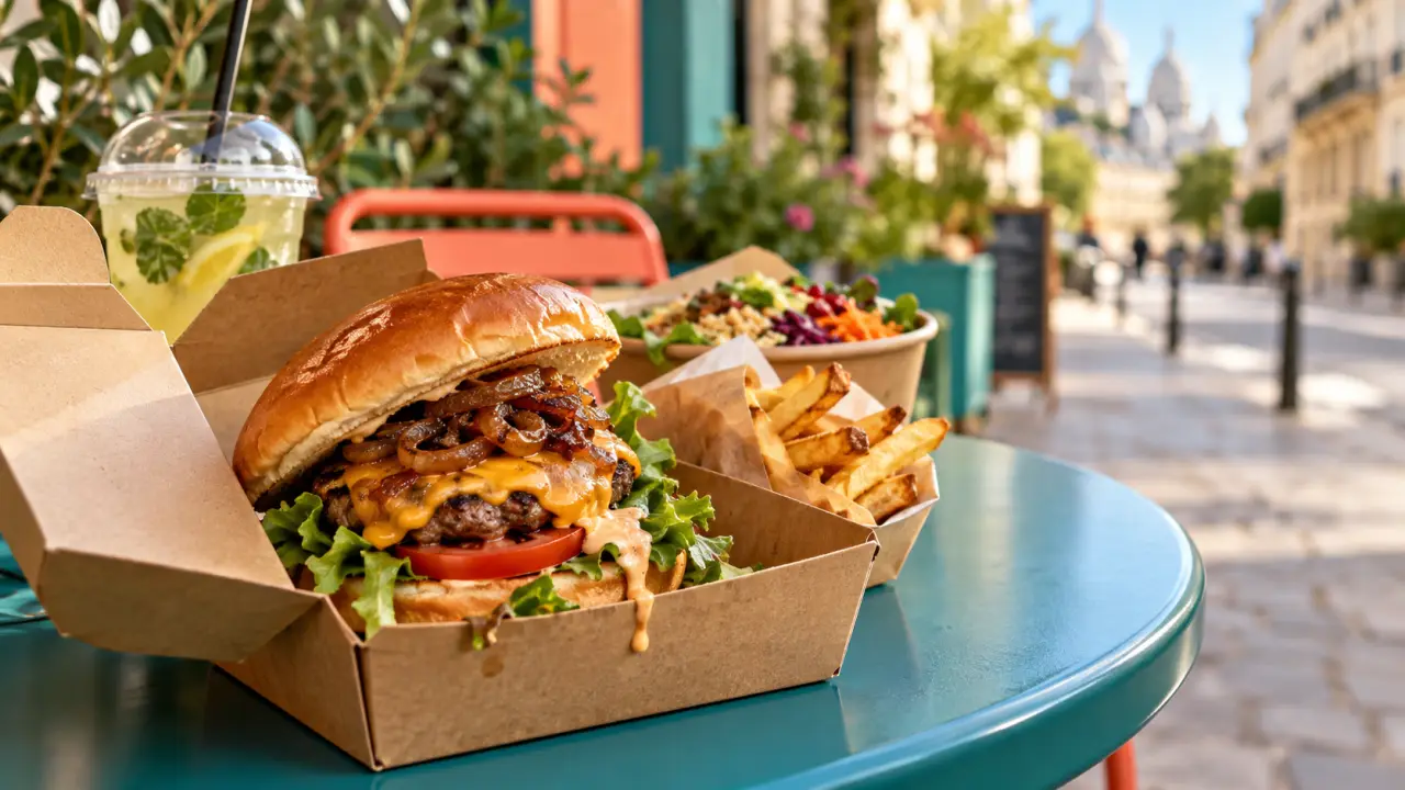 Burger gourmet avec frites croustillantes à emporter dans une ambiance urbaine