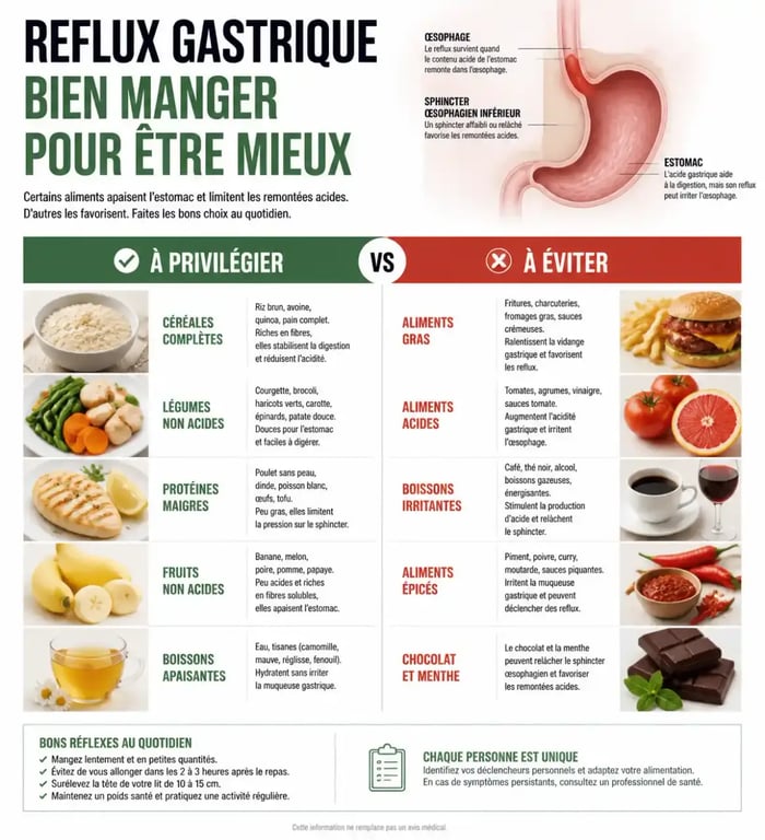 Infographie comparative des aliments pour le reflux gastrique
