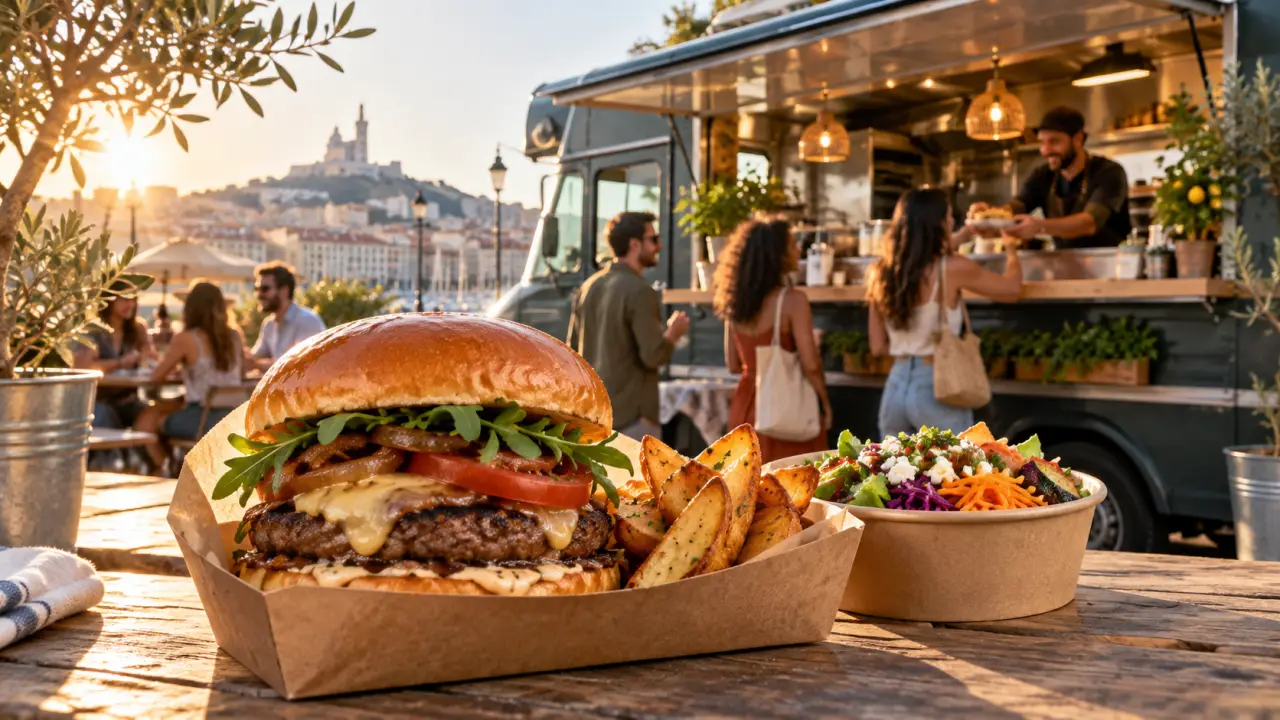 Burger gourmet servi avec des frites croustillantes par un food truck urbain