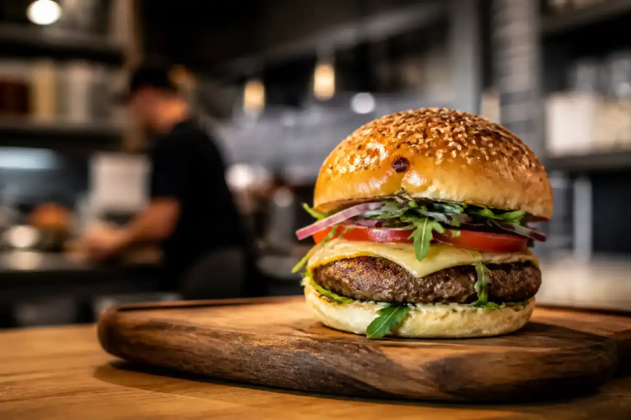 Burger Urbano gourmet avec frites croustillantes dans une ambiance urbaine nocturne