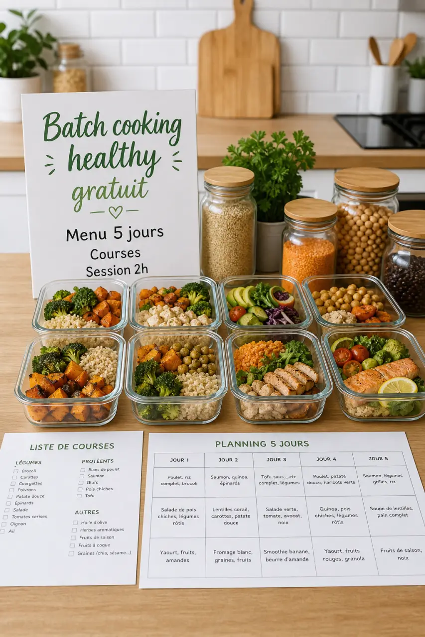 Batch cooking healthy PDF gratuit : menu sur 5 jours, liste de courses et session en 2 heures