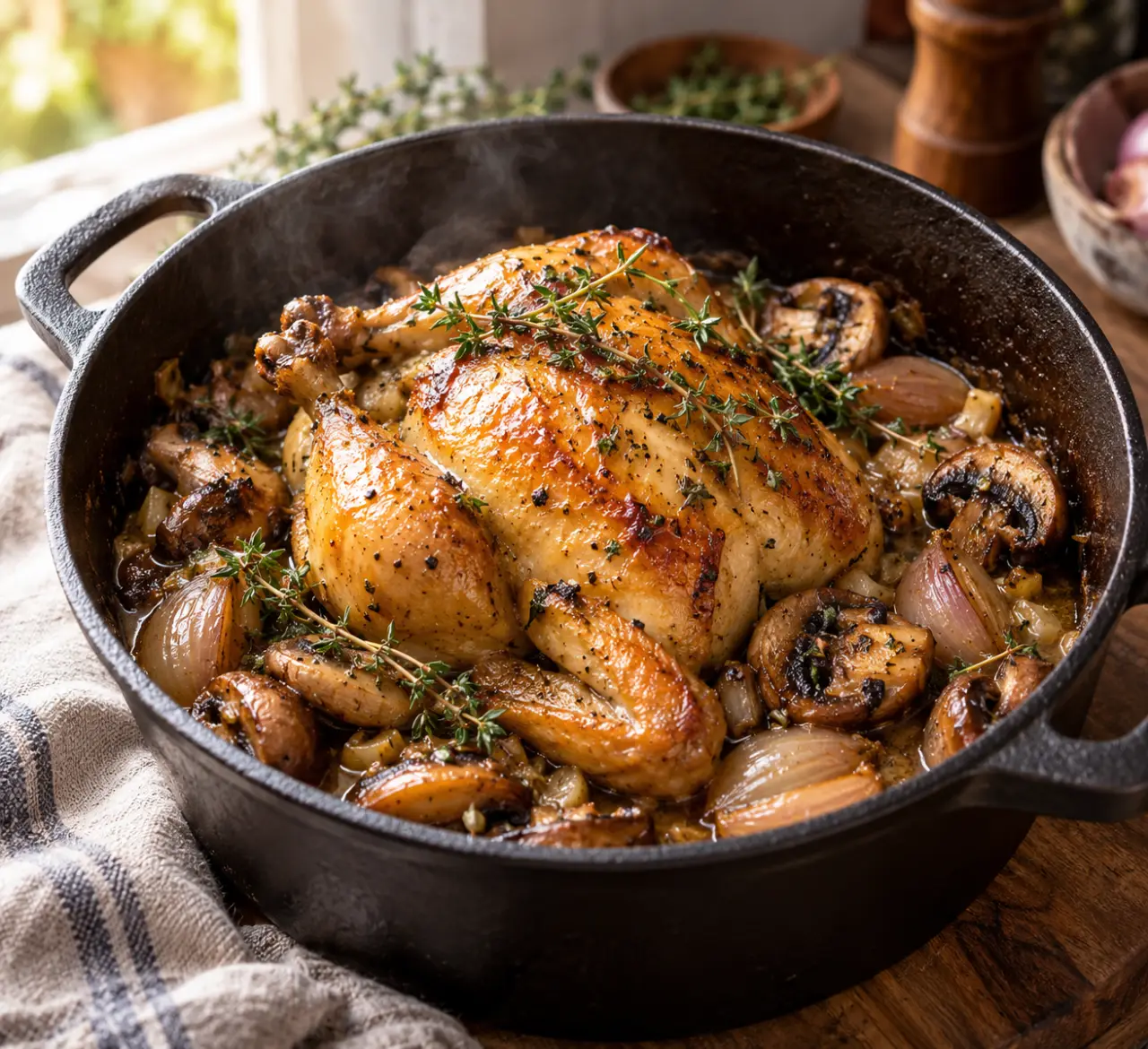 Recette de coquelet mijoté : une chair moelleuse, des champignons dorés et une sauce au thym