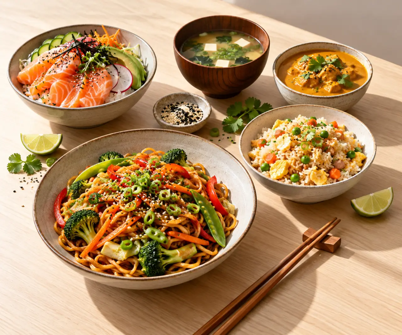 Idées recettes asiatiques avec nouilles sautées, riz cantonais, chirashi et curry