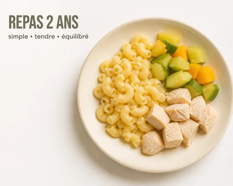 Recette enfant 2 ans avec assiette familiale simple, pâtes, légumes fondants et morceaux tendres