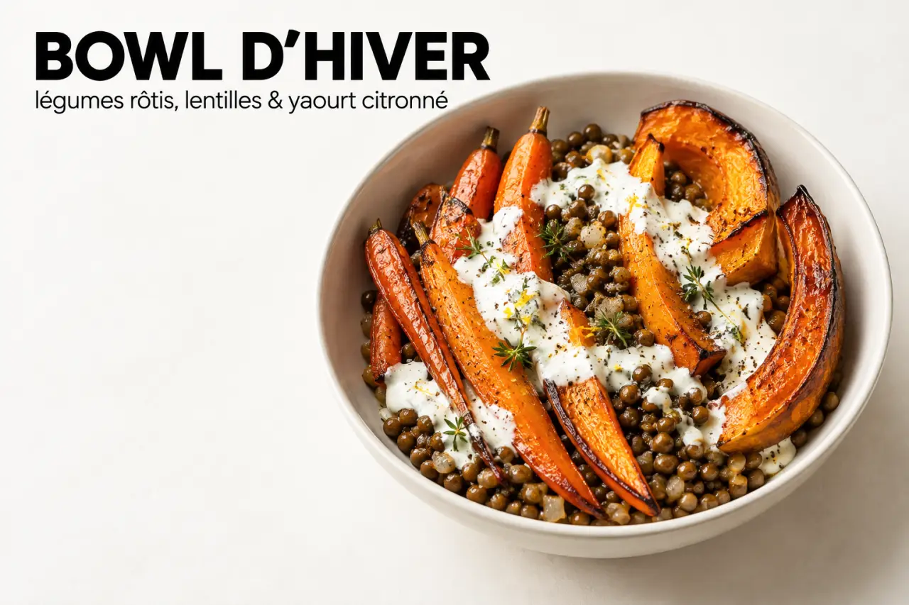 Plat healthy de légumes rôtis, lentilles et sauce au yaourt citronné