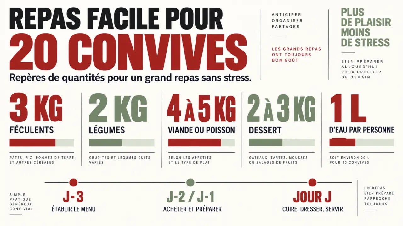 Repas facile pour 20 personnes : quantités et organisation du jour J