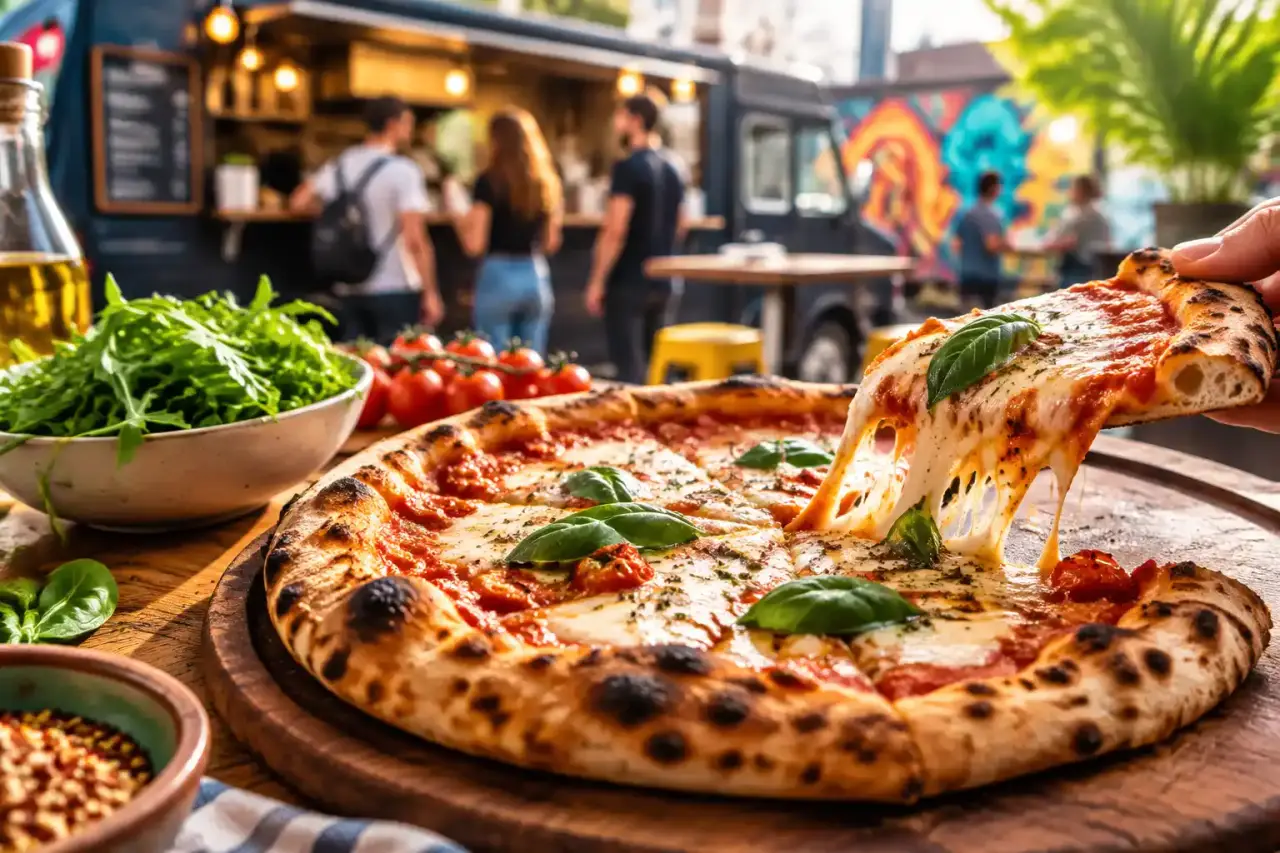 Pizza artisanale dorée, garnie d'ingrédients méditerranéens et servie dans une ambiance urbaine