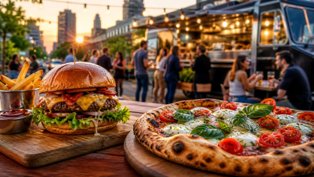 Burger gourmet et frites croustillantes en gros plan dans une ambiance urbaine nocturne