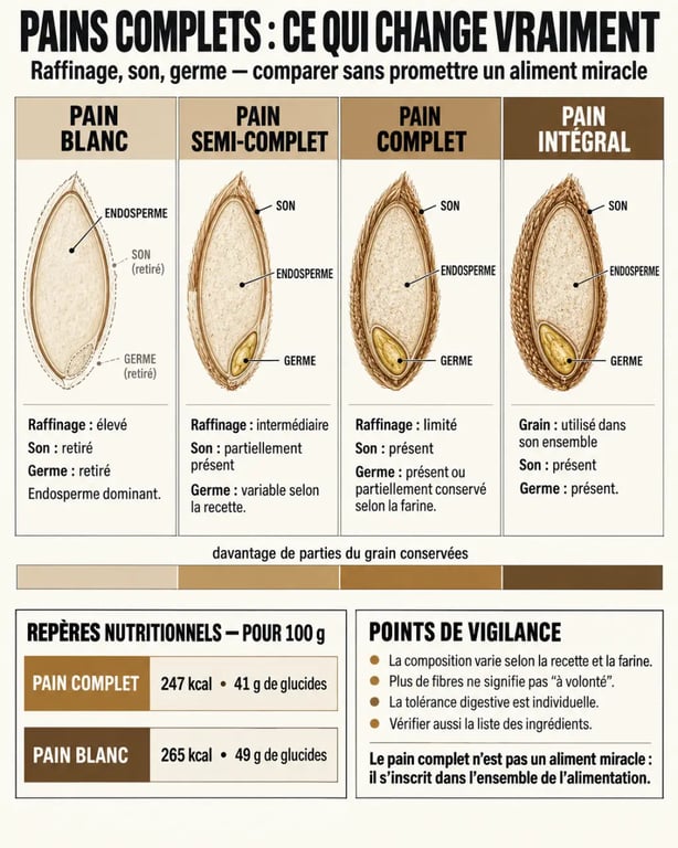 Comparaison visuelle du pain complet et santé avec pain blanc, semi-complet, complet et intégral